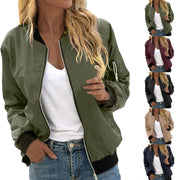 Women's Solid Color Cool Girl Baseball Jackets Round Neck Zipper Vintage Bomber Jacket Autumn Casual Female Bomber Jacket Chic Outerwear